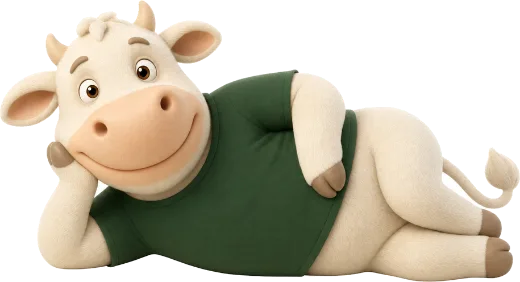 ALS mascot cow lying down, resting its head on a hoof